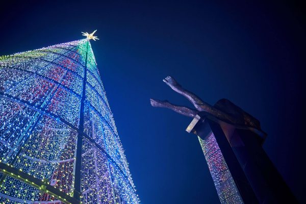 Enormous christmas tree in Vigo, Spain, near the Sireno emblematic statue